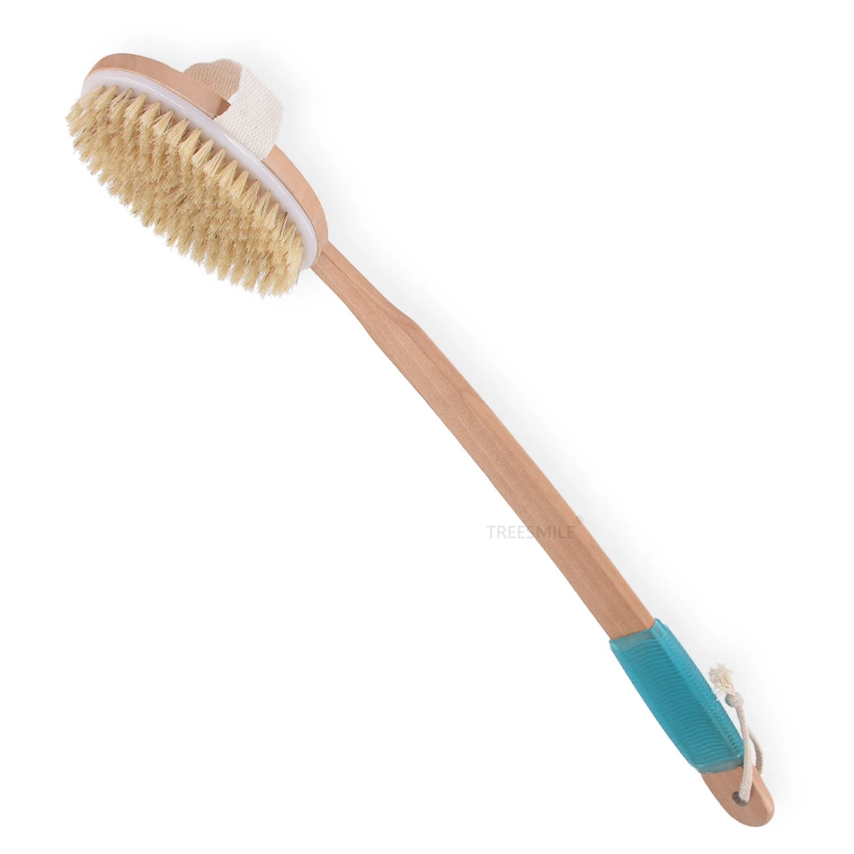 

2021 New Dry Bath Body Brush Back with anti-slip Long Wooden Handle, 100% Natural Bristles Body Massage Treesmile OEM logo