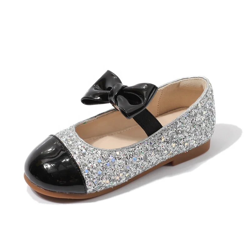 

New summer fashion Western style kids cute slip-on party sequin glitter leather girls dress shoes with bow, Gold/silver