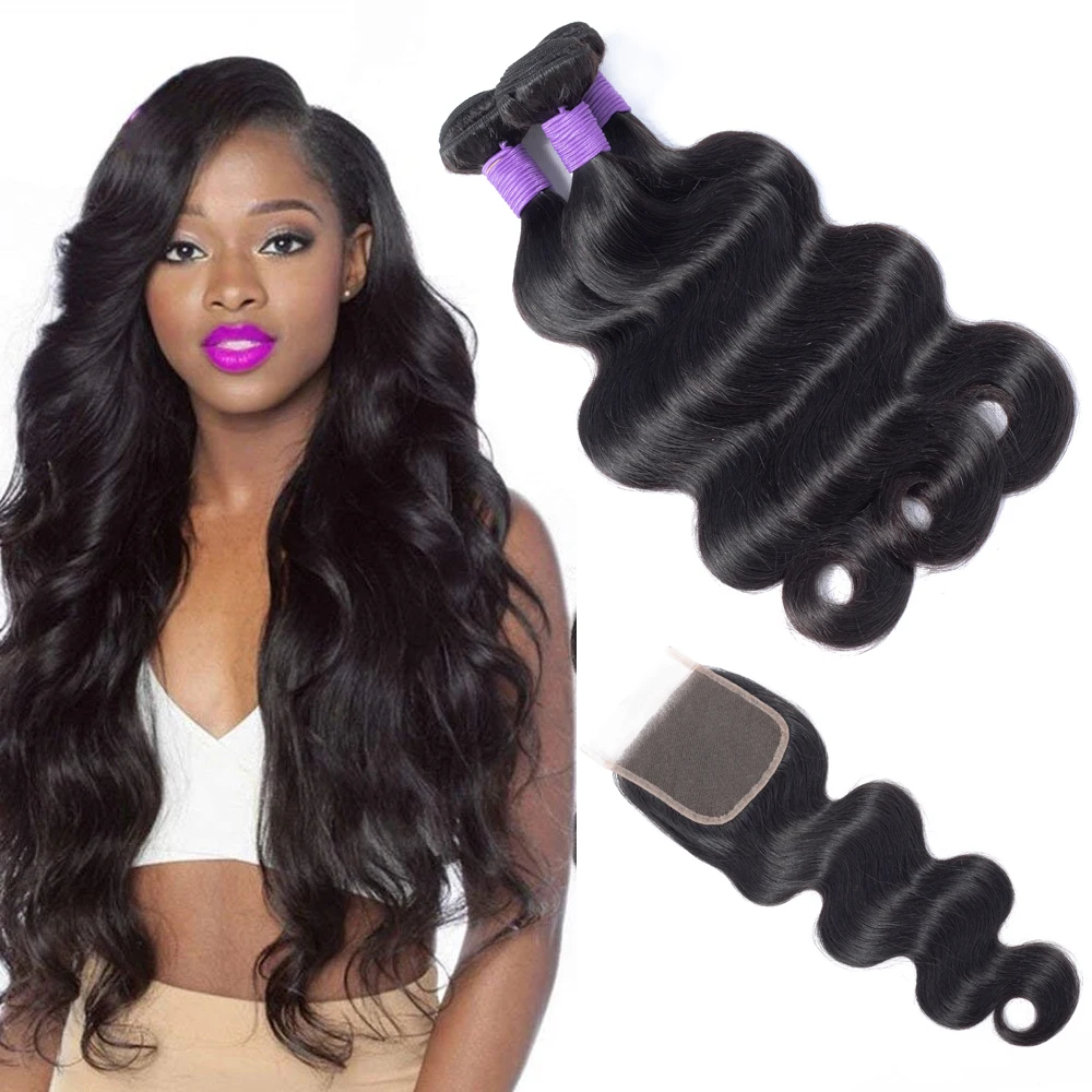 

Brazilian Body Wave With Closure Non Remy Hair Weft Weaving raw Human Hair Bundles With free part Closure