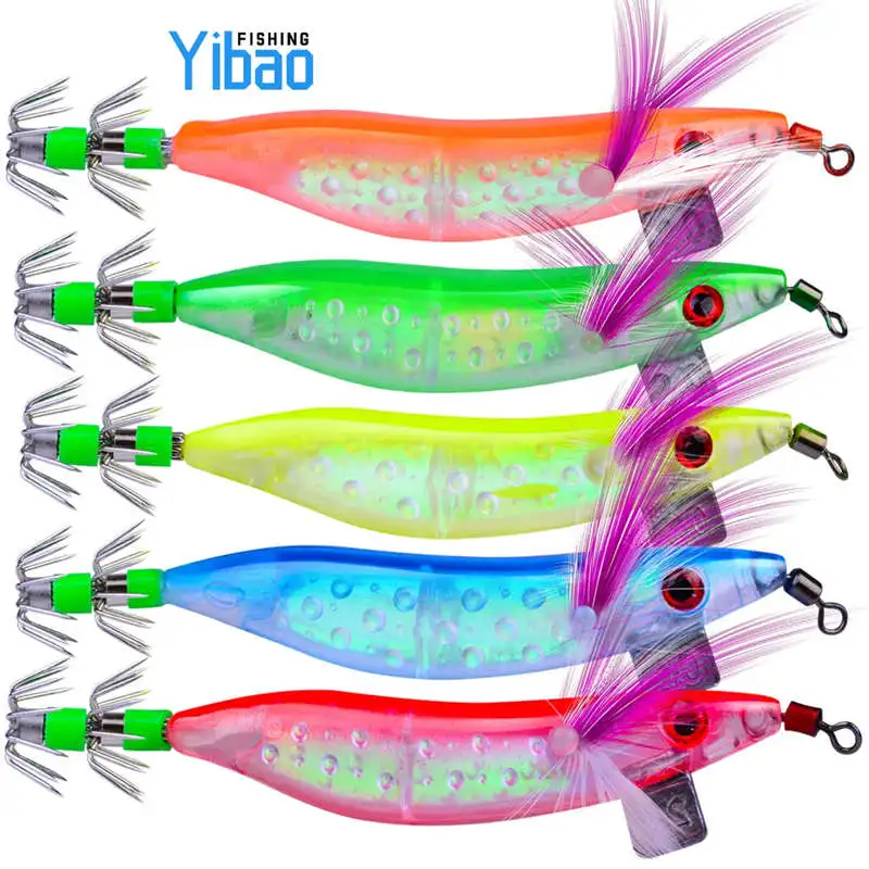 

YIBAO 100mm 8.1g hard plastic suqid lure set colorful octopus squid jig lures bait with hooks squid fishing shrimp lures, 5 colors