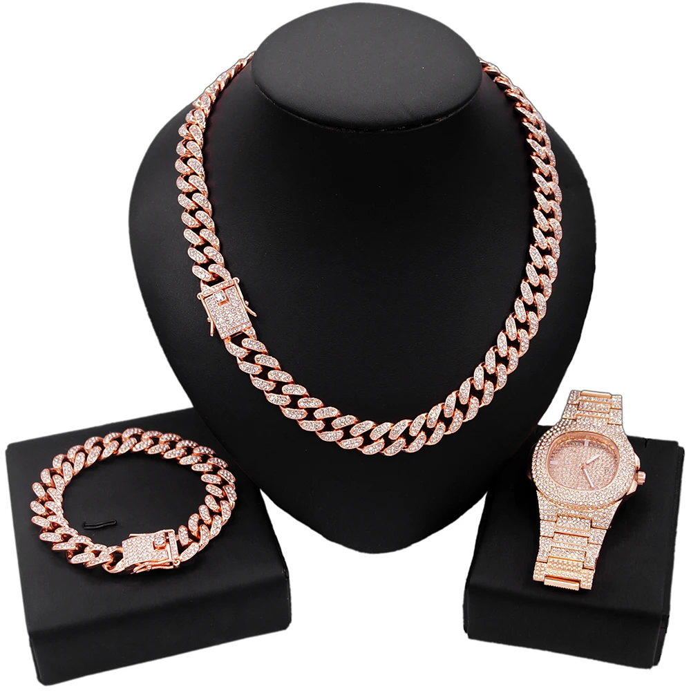 

Yulaili Hip Hop Style Cuban Mecklace for Men Gypsophila Watch Sets Rose Gold Plating Cuban Chain Bracelet Watch Jewelry Set