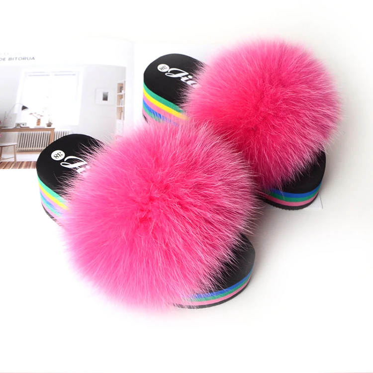 

Women Luxury Real Raccoon Fur Slides Slippers Furry Sliders Fashion Flat Soles Soft Summer Flip Flop Sandals, 6 colors as pictures