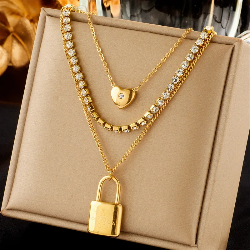 

2023 New Trendy Multi Layer Zircon Stainless Steel 18K Gold Plated Heart Lock Pendant Necklace For Women