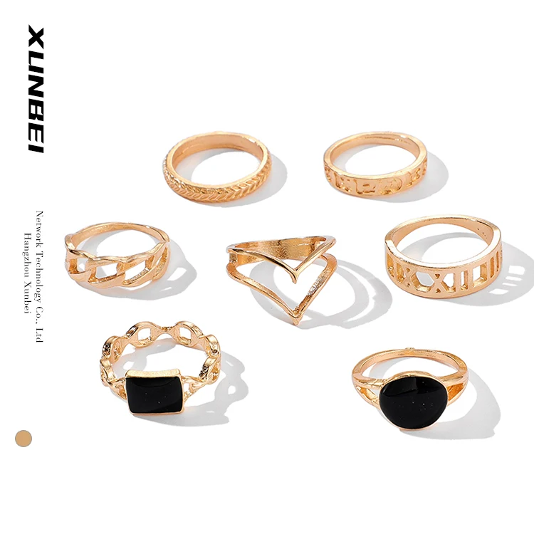 

2021 fashion wholesale trendy nickel free 7Pcs roman numerals Women Gold plated Vintage Midi Finger obsidian stone Rings Set