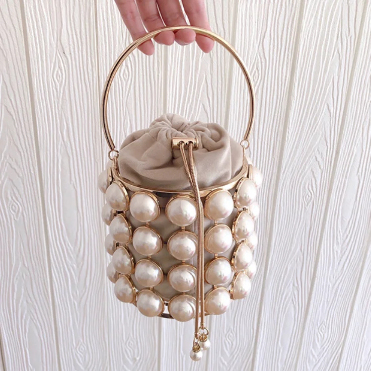 

Luxury Pearl Evening Clutch Bags for Women Hollow Out Bucket Handbags Ladies Small Purses Dinner Party Totes, Multi