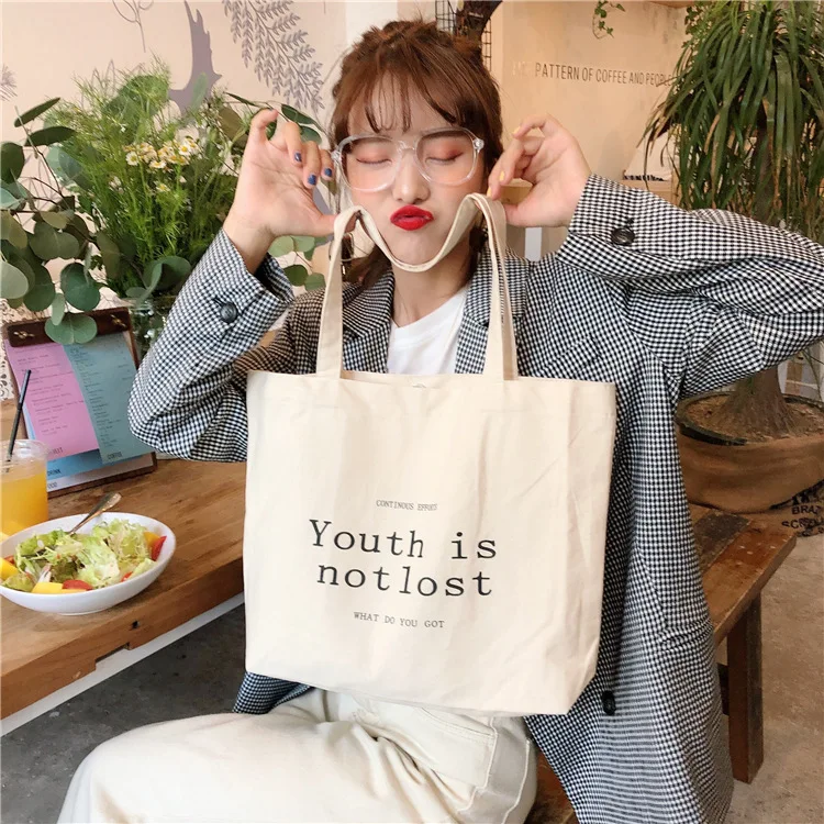 

New Korean Custom Vintage Letter Print Plain Simple Ladies Single Shoulder Canvas Shopping Bags Wholesale