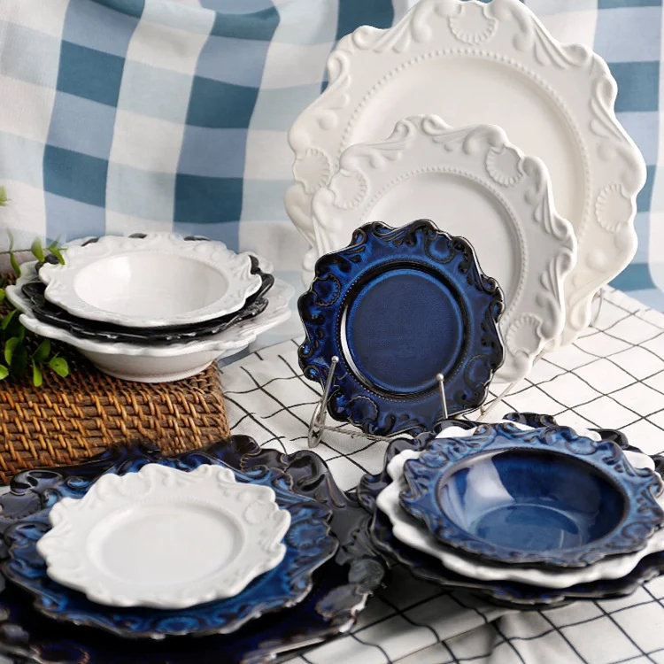 

Hot Selling Retro Dinnerware Set Noodle Bowl Porcelain Dinner Plate Tableware Ceramic Plate, Blue/white