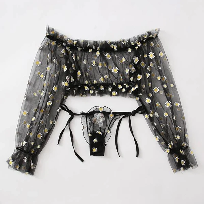 

Small Flower Printed Net Yarn Wrapped Chest Long-sleeved Hot Sexy Lingerie
