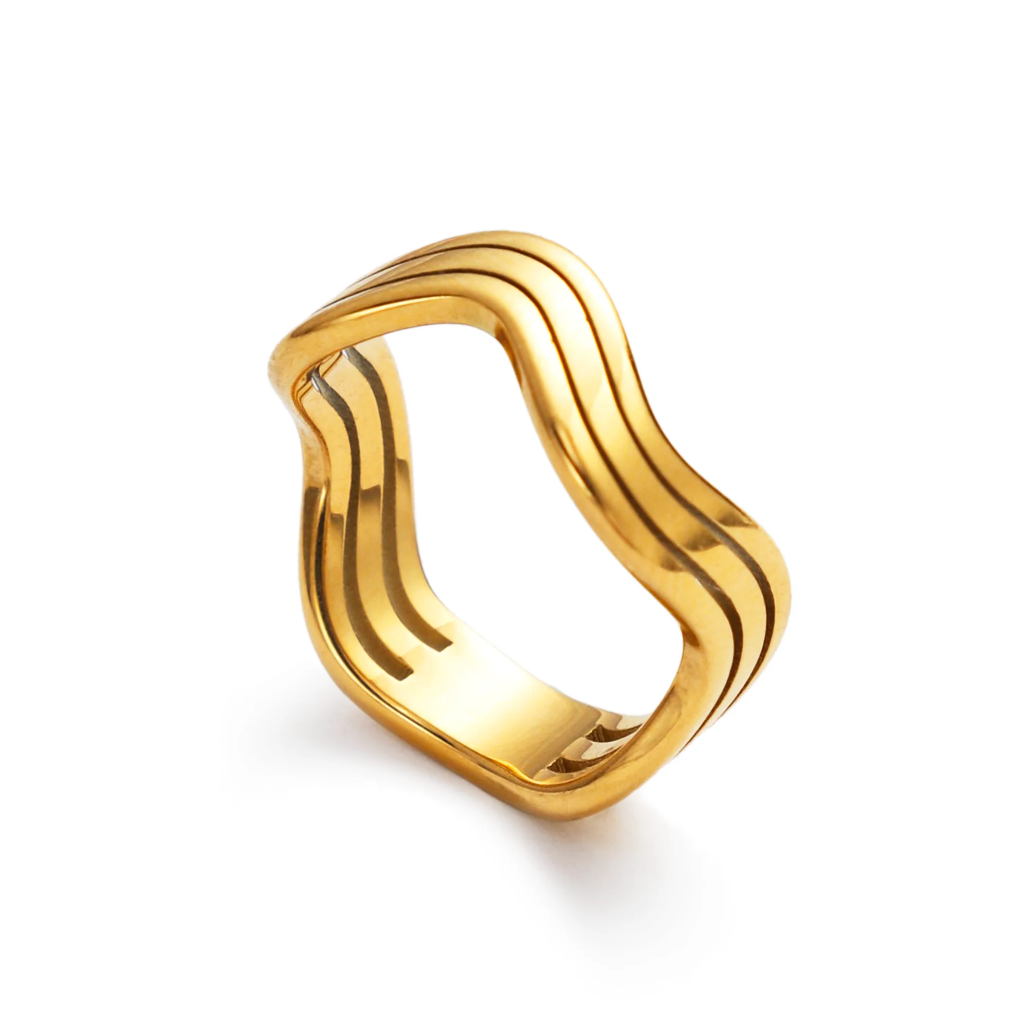 

Chris April in stock 316L stainless steel PVD gold plating simple three layers wavy shape swimming ring