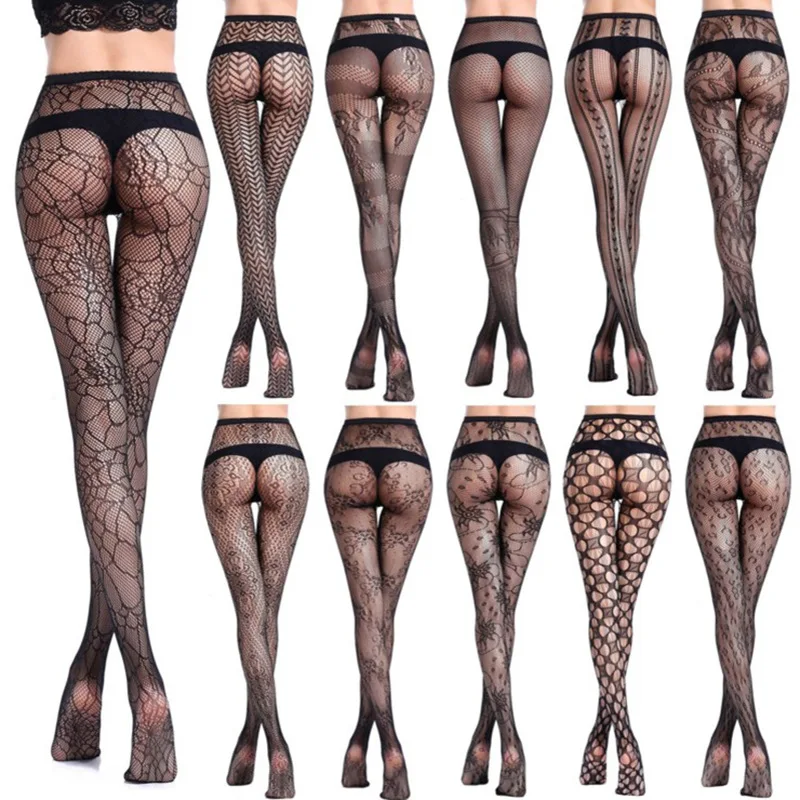 

55022 Popular Jacquard Women Sexy Lingerie Mesh Net Stockings Embroidered Hollow Out Stretchy Fishnet Tights Pantyhose, Black ( 24 options patterned)