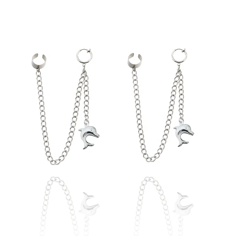 

Stainless steel chain ear bone clip asymmetric ear studs dolphin pendant earring