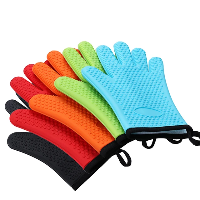 

ALIKER flexible non-slip oven barbecue cooking heat resistant silicone BBQ grill gloves for kitchen, Green, red, orange, blue, black