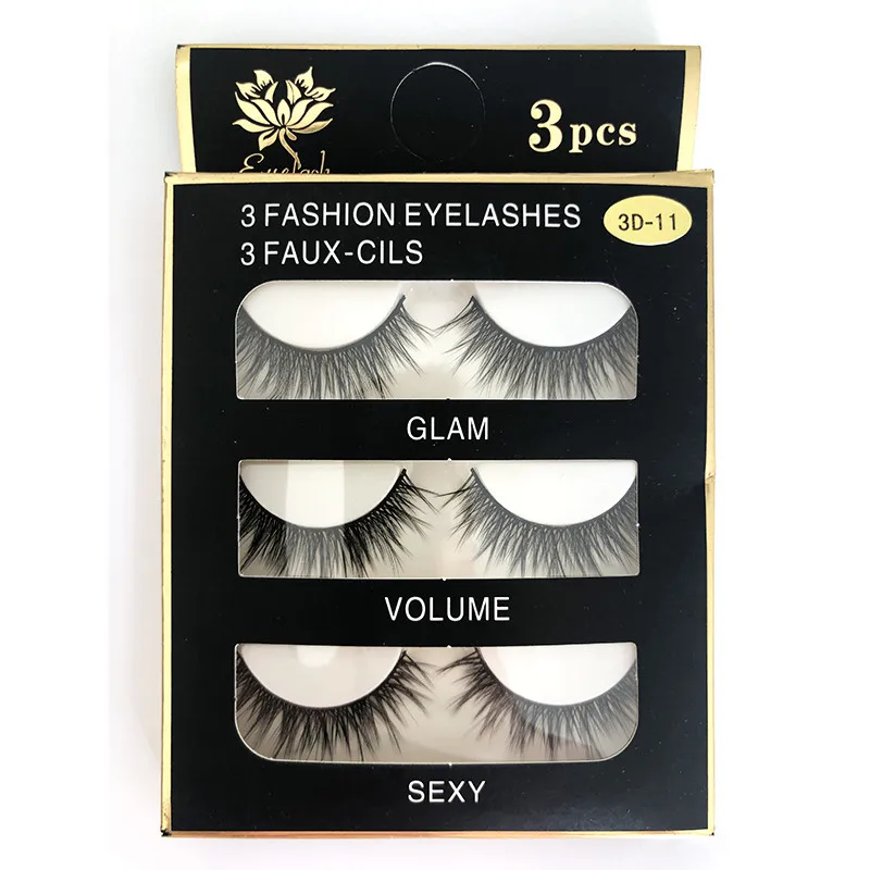 

top selling 3pairs volume false lash Unit Synthetic Fiber Silk with eyelash packaging Lashes Cheap 5D, Natural black