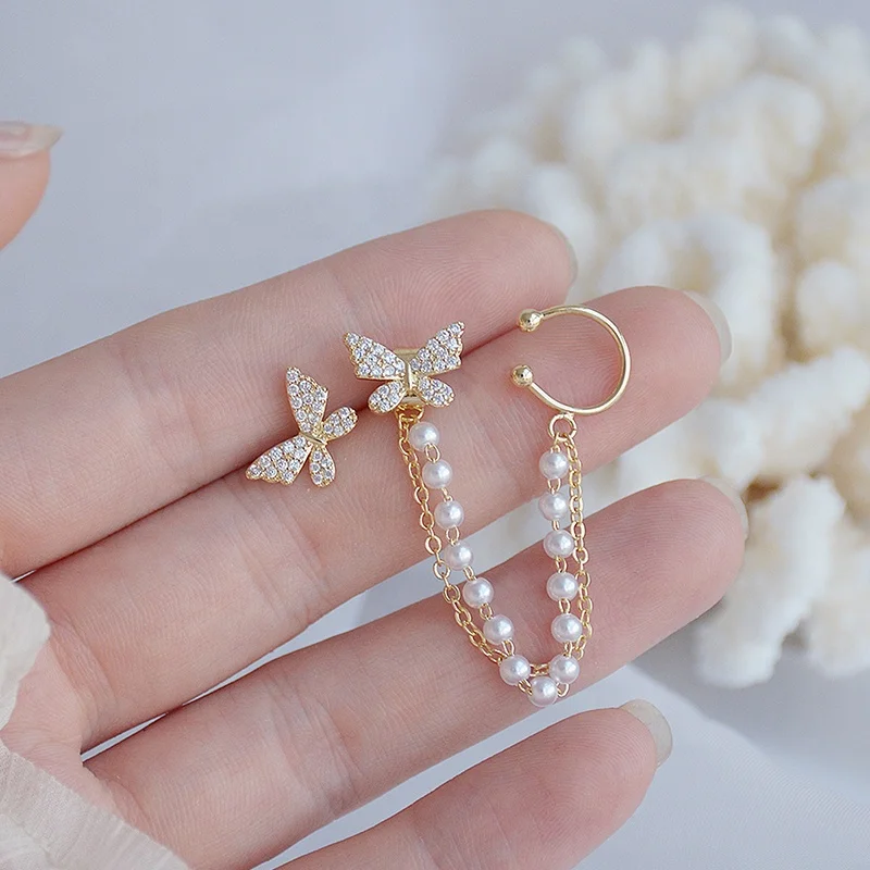 

Wholesale Korean women gold plated tassel crystal drop butterfly ear bone clip cuff stud earrings trendy jewelry