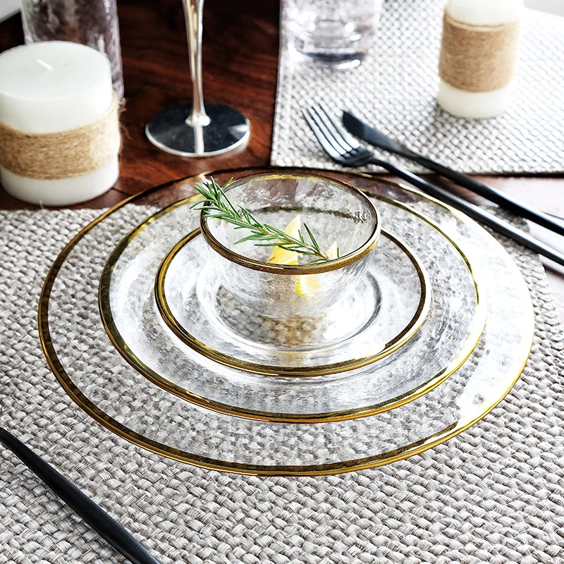 

Household Durable Dinner Plate Glass Dinnerware Set with Gold Serving Wedding Charger Platter Glass Dishes, High transparency