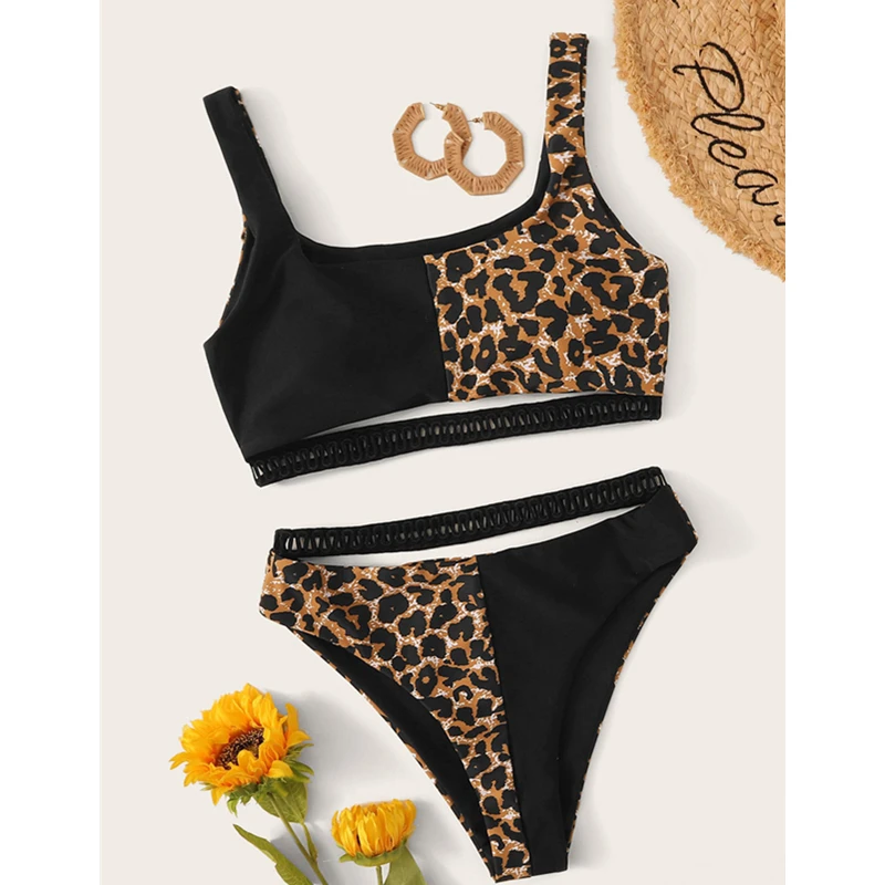 

Contrast Leopard Hollow-out Trim Bikini Swimsuit High Waist Swimwear 2021 Women Push Up Biquini Summer Swim Beachwear