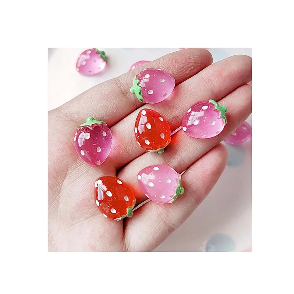 100pcs Red Pink Resin Glitter Strawberry Cabochons Ornaments Style Artificial Fruit for Cell Phone Hair Pin Decorative Crafts