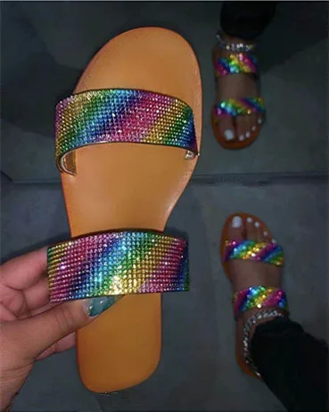 

2020 New design wholesale jute espadrilles fashion beach style flat sandals women summer rhinestone sandals, White, rainbow