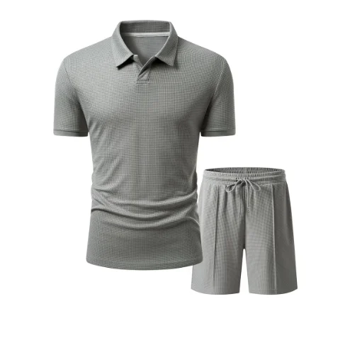 Custom Men Solid Waffle Textured Golf Tracksuit Casual Summer Beach Vacation Athletic Lapel Collar Polo Shirt Shorts 2 Piece Set