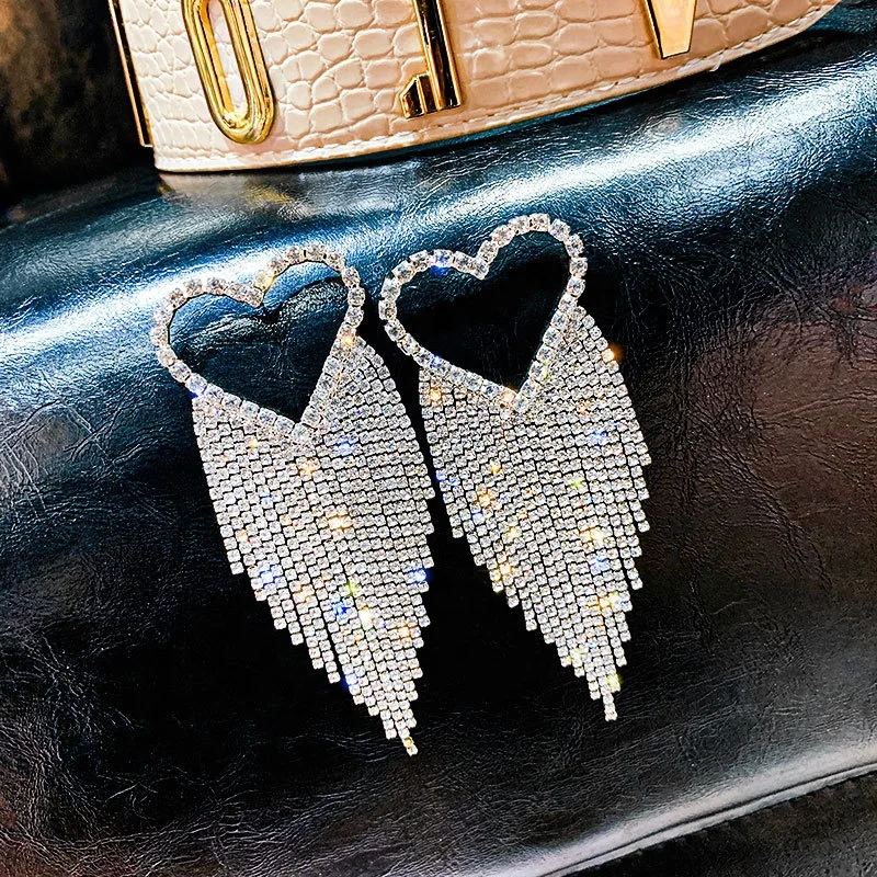 

Fashion Long Tassel Full Rhinestone Drop Earrings for Women Bijoux Shiny Heart Crystal Dangle Earrings Jewelry Gifts, Picture shows