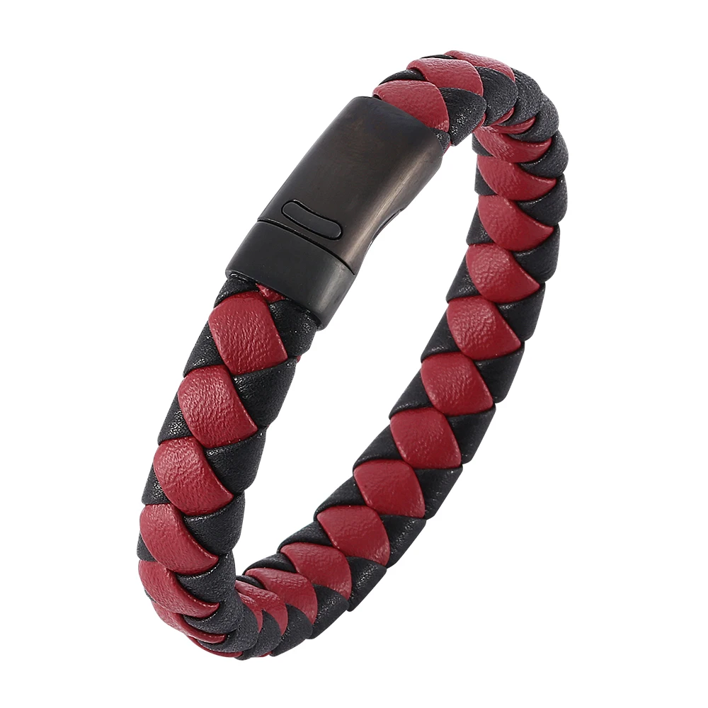 

SP0028H Wholesale 12MM Wide Cheap Mix-Color Black Red Mens Genuine Leather Braided Bangle Bracelet Factory Price