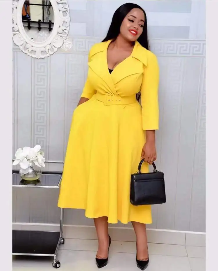 

2020 African dress Deep V-neck Mid-length Solid Color Plus Size Dress with Belt, Customized color/as show