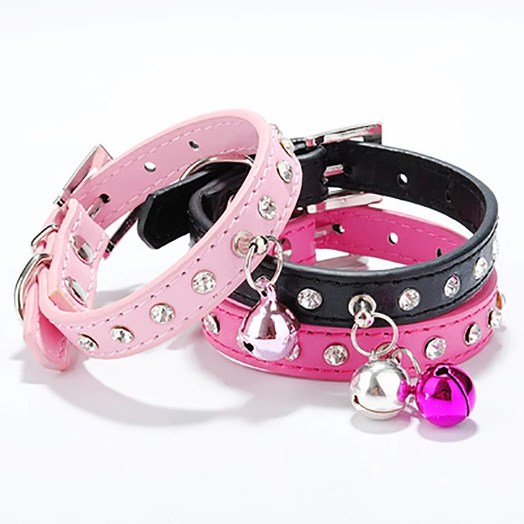 

Fashion Pet Collars Custom Small Rhinestone Dog Cat Leather Collar with Bell, Picture