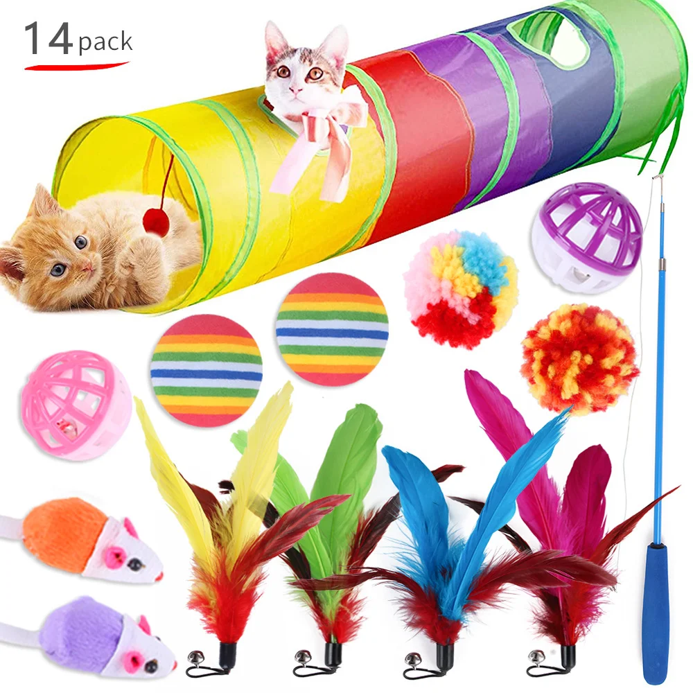 

Interactive Cat Toys Foldable Colorful Tunnel Fishing Rod Teaser Cat Stick Fluffy Mouse Pet Toys