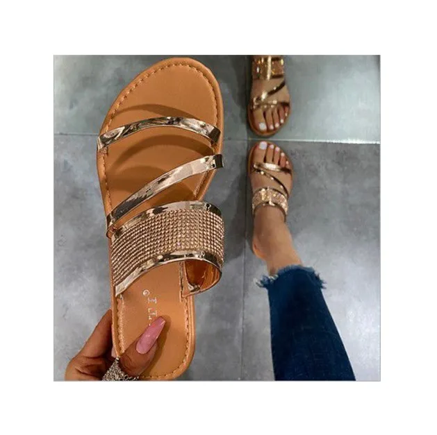 

2023 luxury ladies outdoor beach sandals slippers fashion women's rhinestone straps flat slides slippers