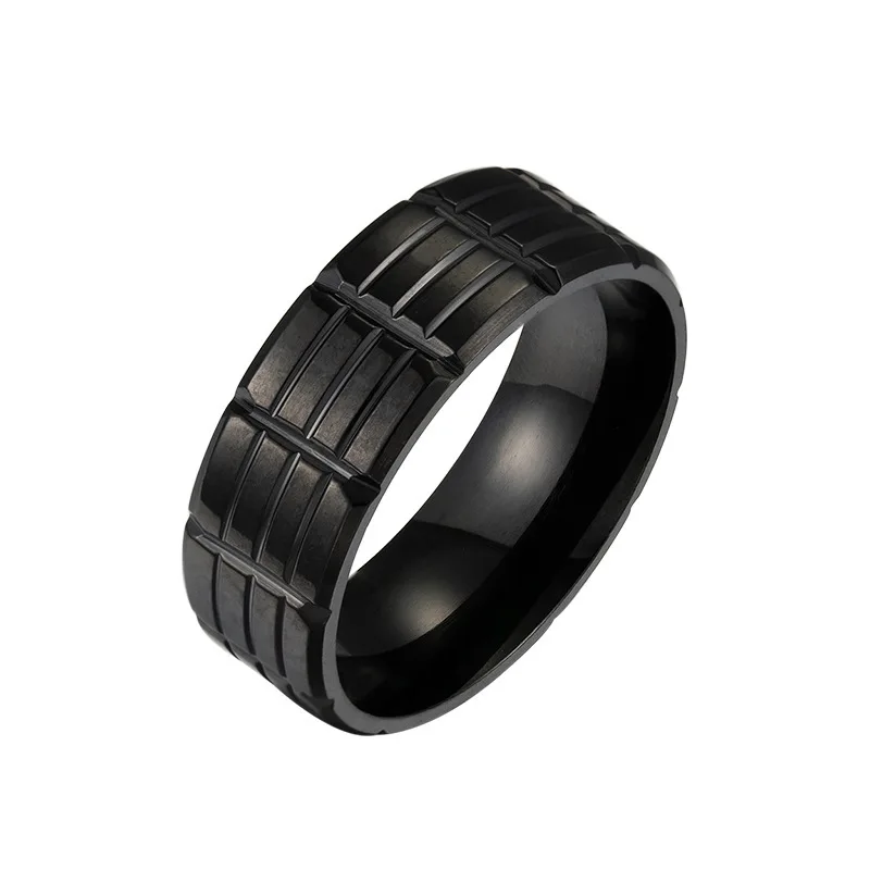 

Black Ring Jewelry Stainless Steel Grooved Band Ring Beveled Edges Brick Shape Brushed Ring For Men