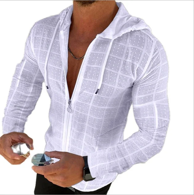 

Casual Cotton Long Sleeve Solid Plain Plaid Shirt Men Cool Full Zip Up Hoodie Men's Hoodies Polo Shirts
