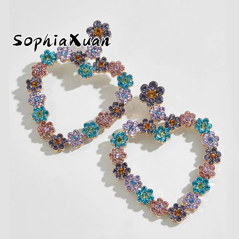 

SophiaXuan creative fashion love flower colorful diamond earrings bohemian heart shaped earrings wholesale hawaiian jewelry, Picture shows