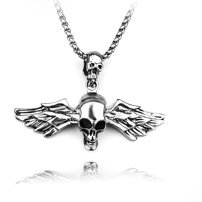

2022 Personality Retro Angel Wings Skull Necklace Domineering Titanium Steel Pendant Hip Hop Jewelry