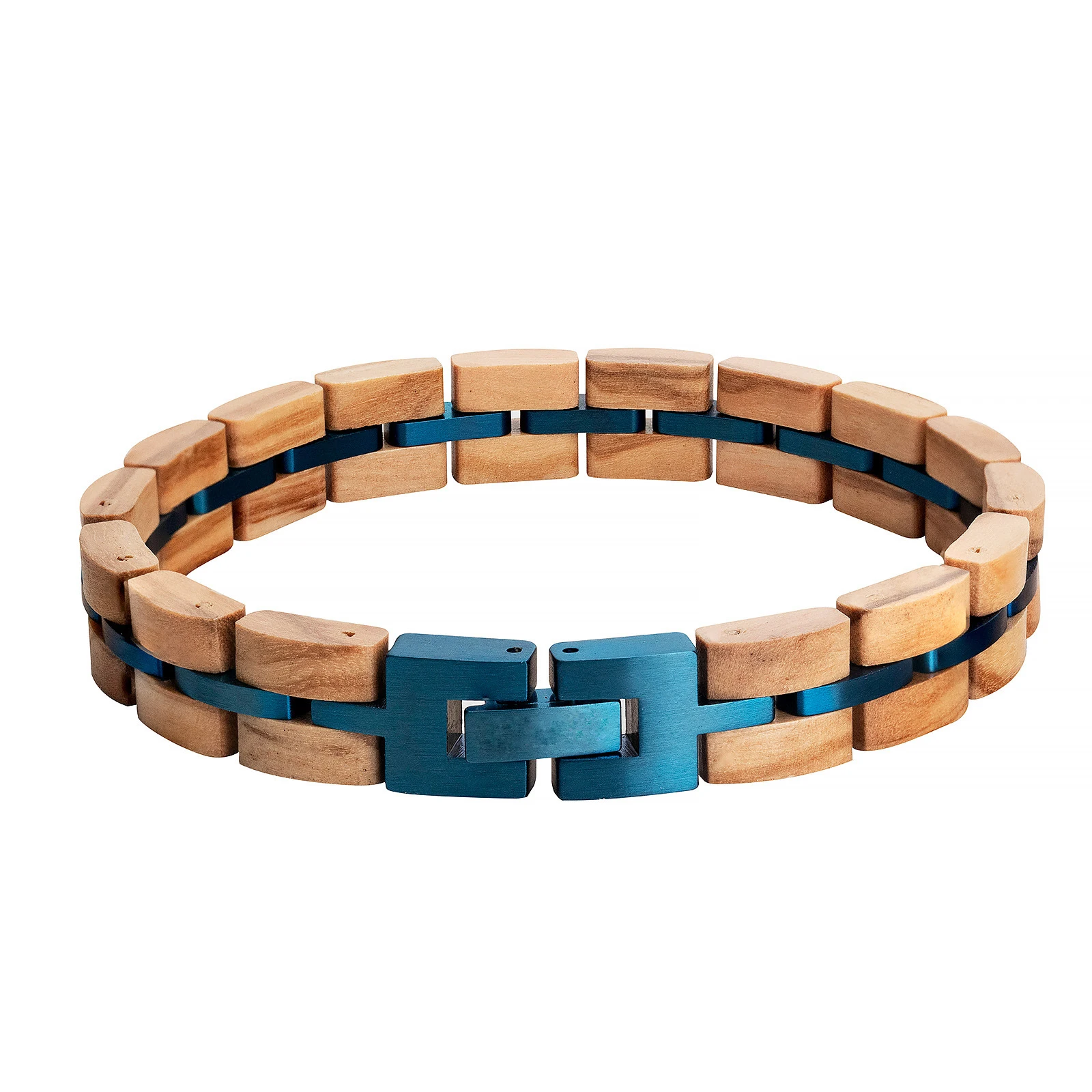 New Arrival Customized Engraved Your Logo IP Blue 316L Stainless Steel and Olive Wood Bracelets for Women