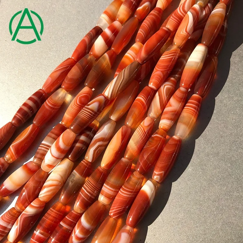 

ArthurGem Red Agate Striped Agate Beads Jewelry Accessories Olive-shaped Red Striped Agate Barrel Tube Bead Loose Beads, 100% natural color