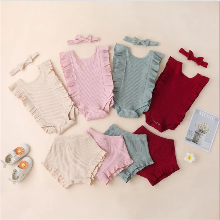 

Wholesale Newborn Baby Girl Clothing Solid Color Sleeveless Ruffle Romper+ Shorts+Headband Summer Outfits Set 3pcs For 0-24 M