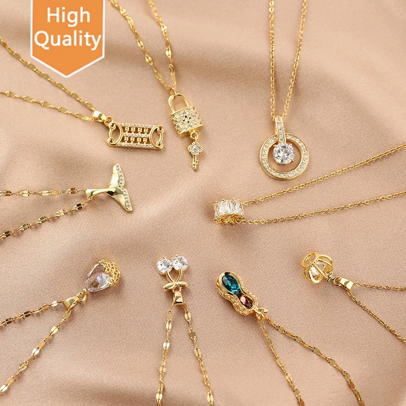 

Luxury Fashion Gold Plated Stainless Steel Crystal Zircon Geometric Pendant Necklace For Women Jewelry