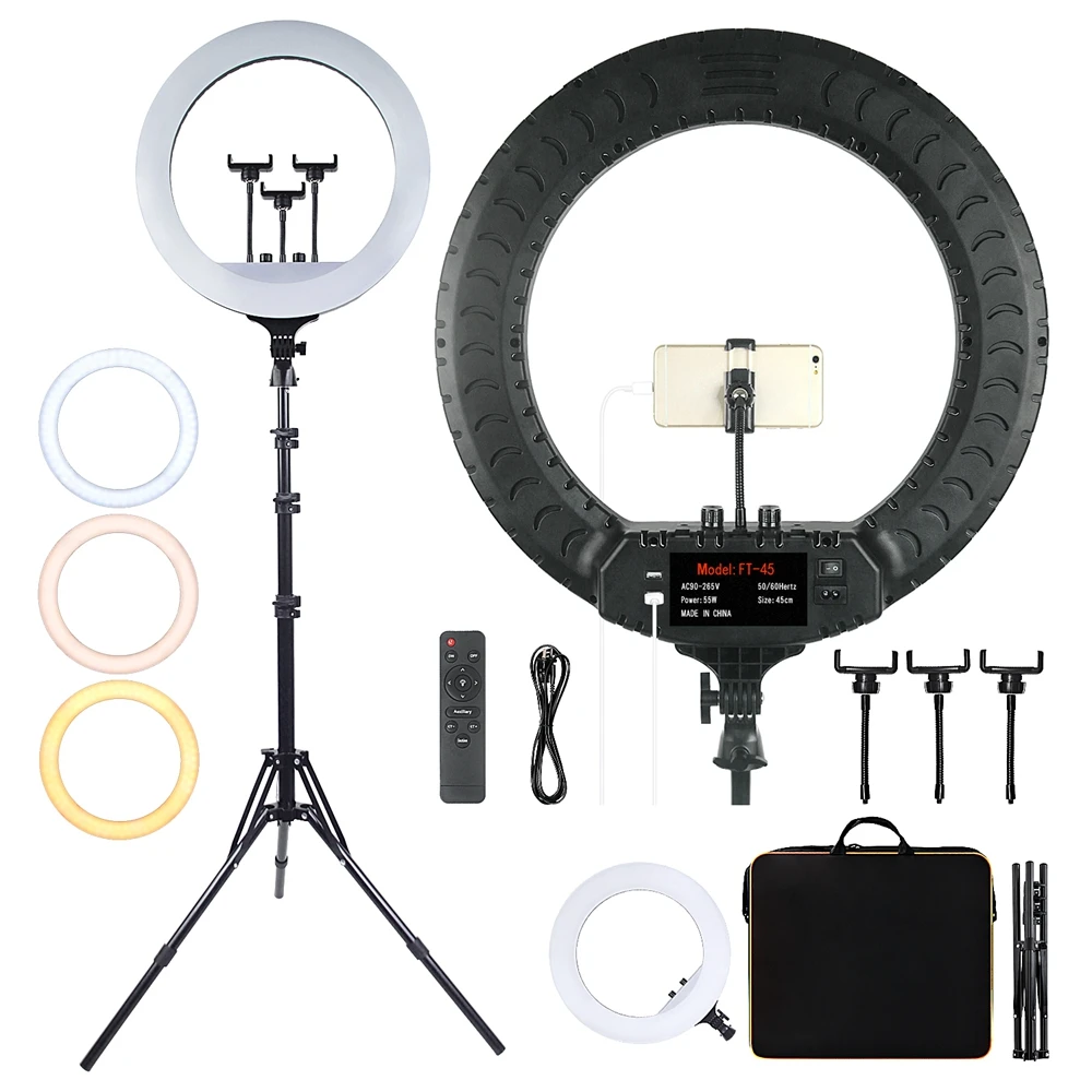 

Hot sale bi-color 18'' ring light with tripod stand for live video, Black