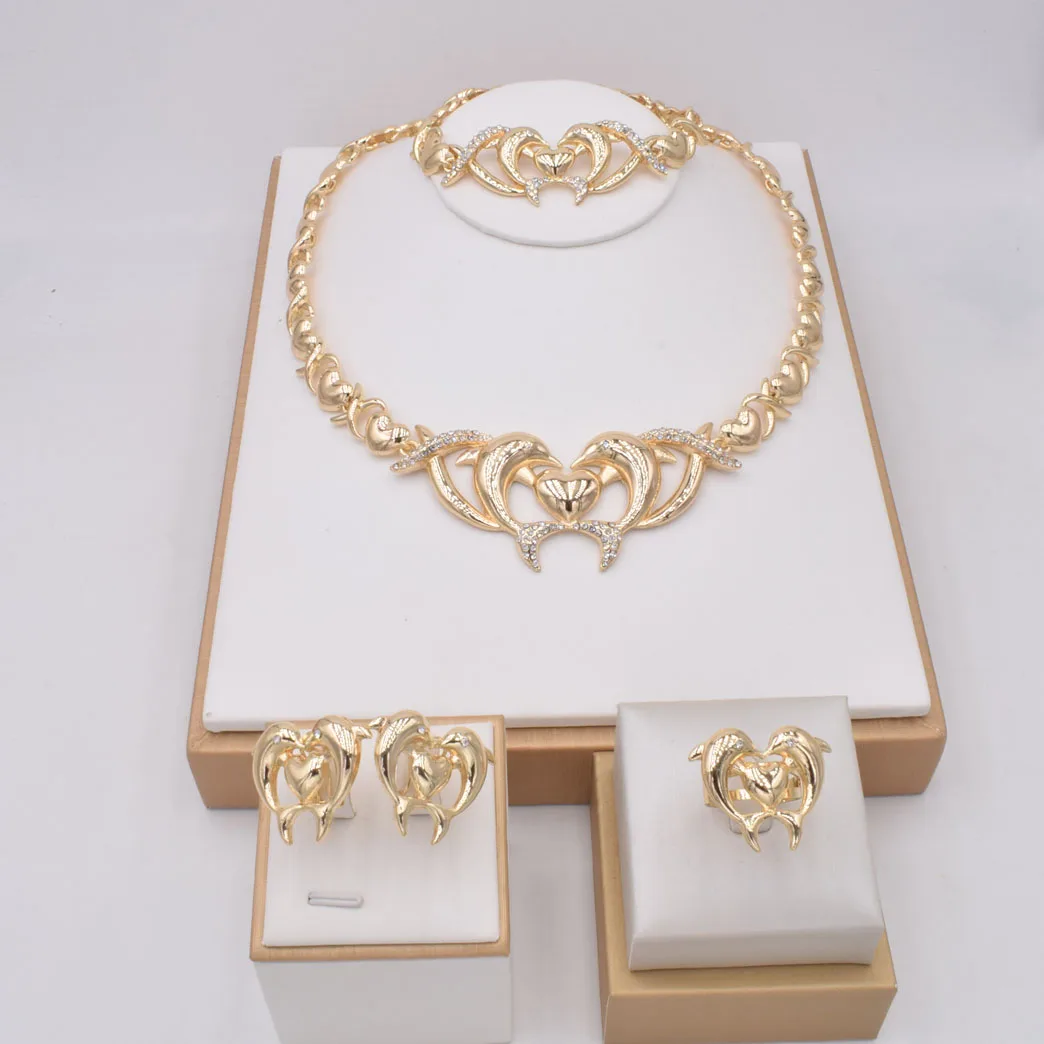 

Hot selling jewelry in Dubai high quality jewelry set women's gold plated fashion Love Dolphin jewelry sets NT0133, Gold color