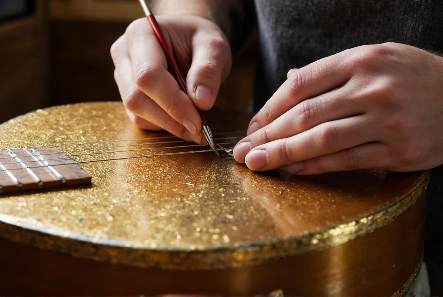 Contemporary luthier applying gold leaf to guitar soundboard using traditional Gold Morich techniques