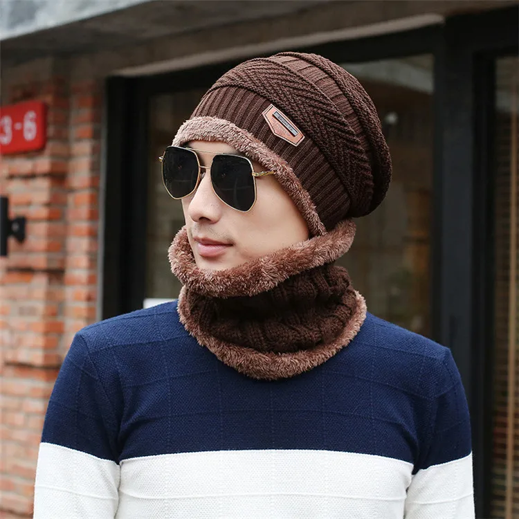 
Fashion Custom Warm Hats Scarf Caps and Oem Knitted Man Beanie Hat Set for Winter 