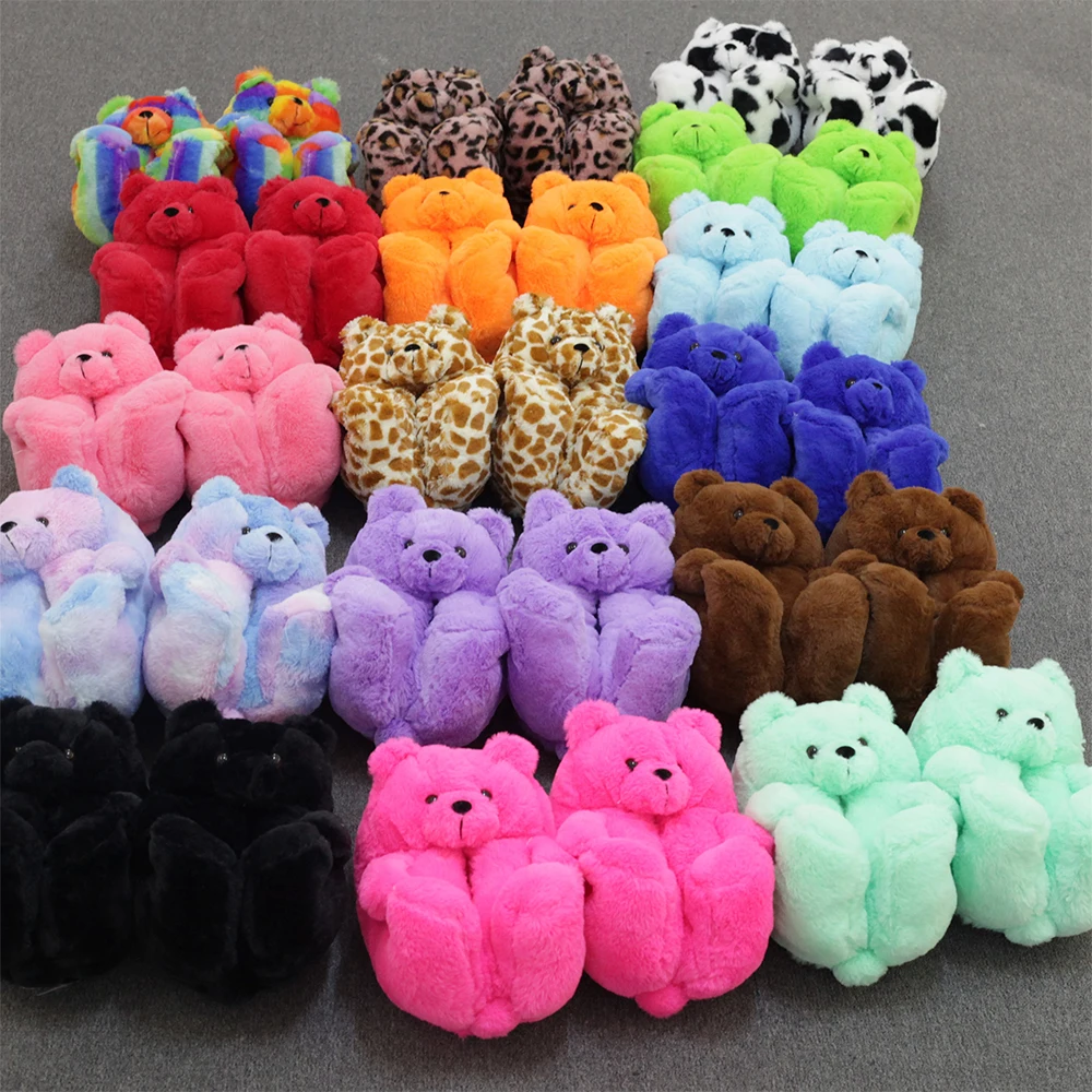 

Custom Furry Fluffy Wholesale Animal home Fashion Fur Slipper Plush Teddy Bear Slippers For Women