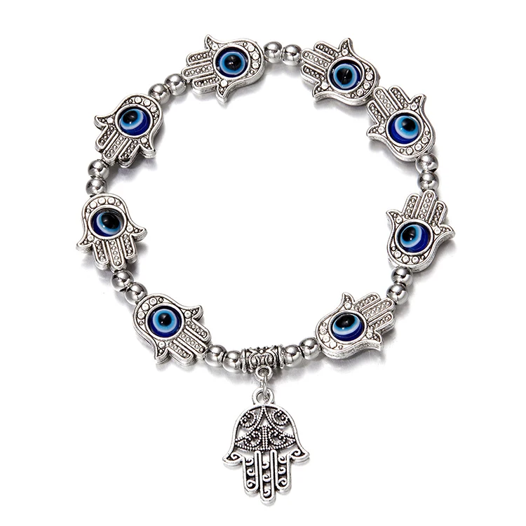 

INS Style Fashion Jewelry Bracelets Devil Eye Rhinestone Bracelet Blue Eye Palm Beaded Elastic Bracelet Women Luxury