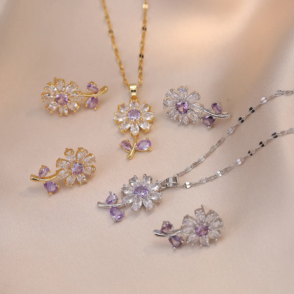 

Minimalist Lip Chain Necklace Earrings Set Purple Crystal Zircon Jewelry Set Flower Jewelry Set For Women