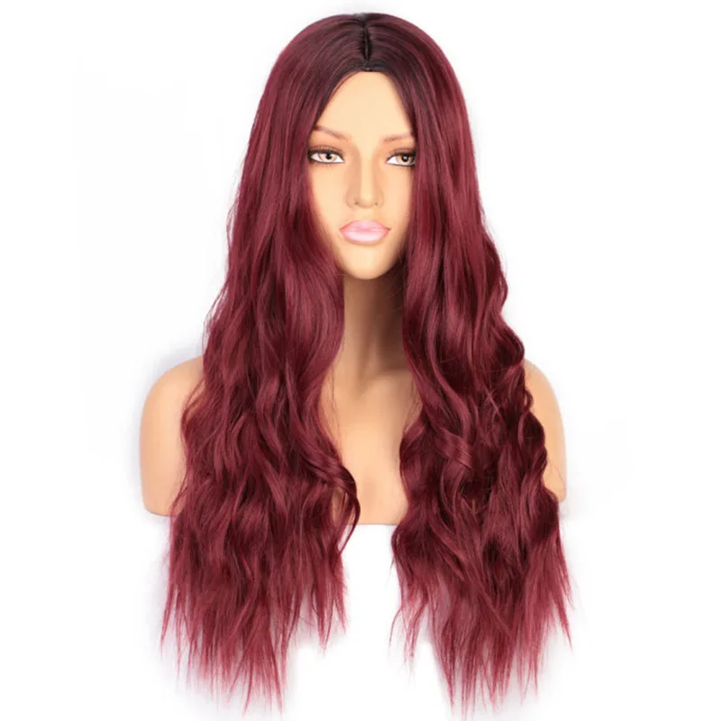 

HA119 European And American Long Curly Hair Chemical Fiber Headgear 24 Inch Wine Red Wavy Synthetic Non Female Gradual Big Wave