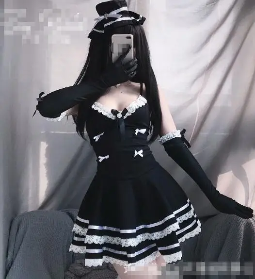 

ecowalson Lolita Sexy Maid Cosplay Costumes Cute Black Dress And Thong Anime Punk School Girl Gothic Outfit For Woman With Hat