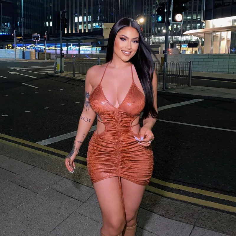 

New Arrivals Women dress 2022 Solid Deep V Neck Hollow Folding Pleated Bandage Mini Sexy Club Dresses