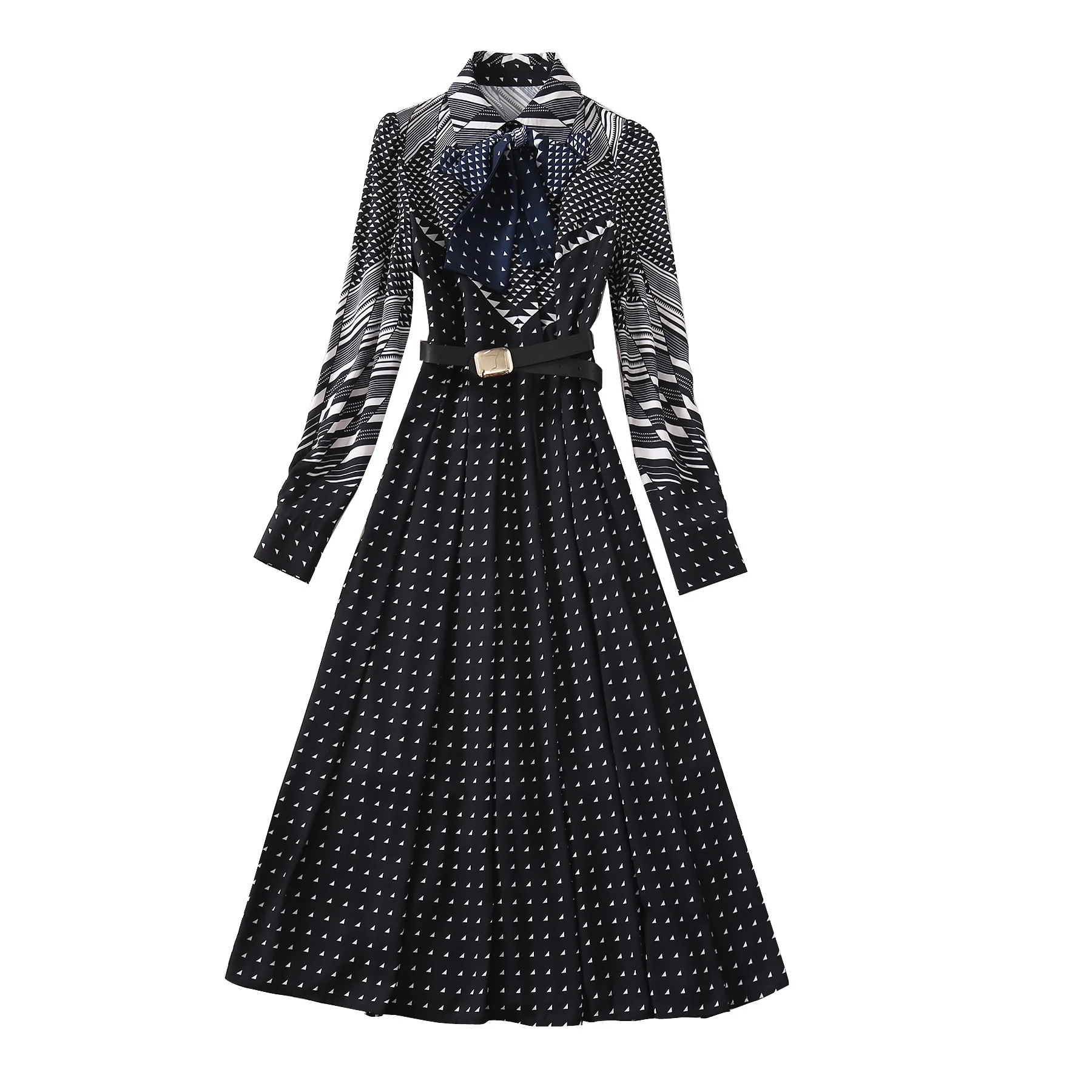 

Designer Spring Autumn Fashion New Vintage Elegant Geometric Print Belt Ribbon Decoration Long Sleeve Shirt Midi Women'S Dress
