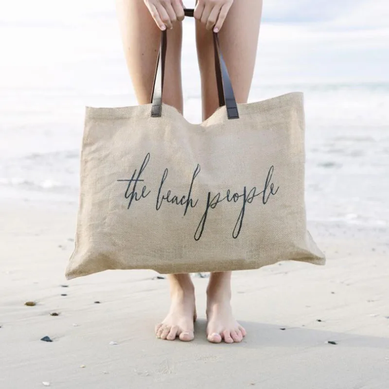 

Eco-Friendly Large Cotton Linen Canvas Beach Handbag Cotton Leather Handle Market Tote Bag Summer