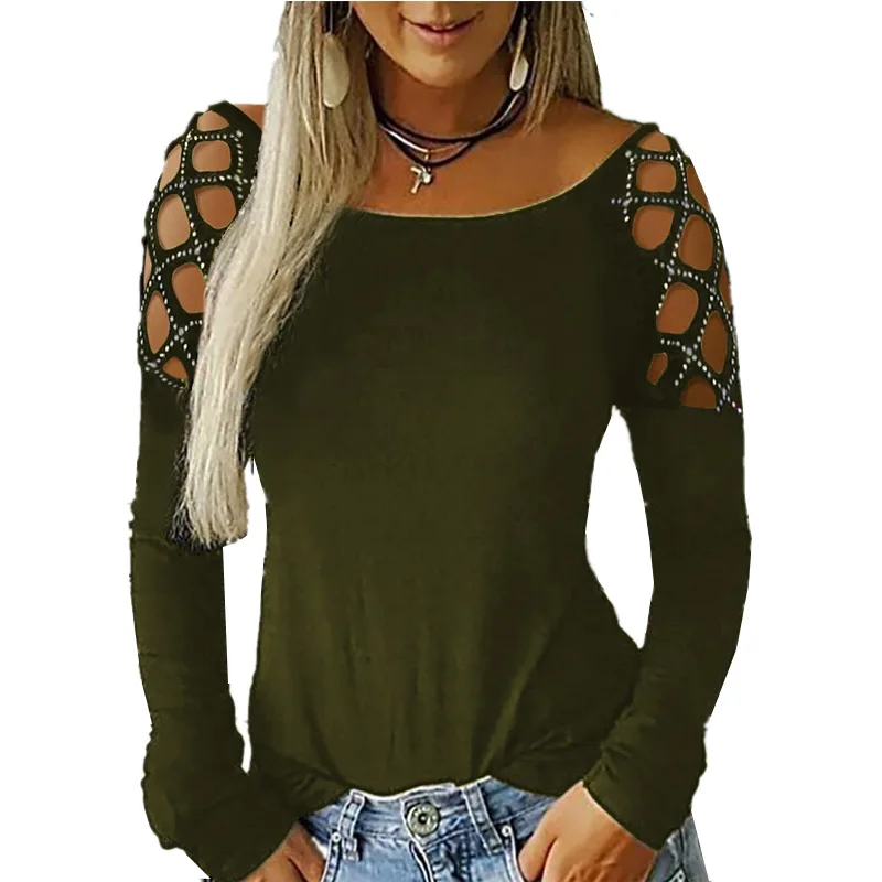 

2020 Hollowed-out shirt long sleeves ladies fancy t-shirt blouse long sleeve women womens long sleeve tee shirt, White